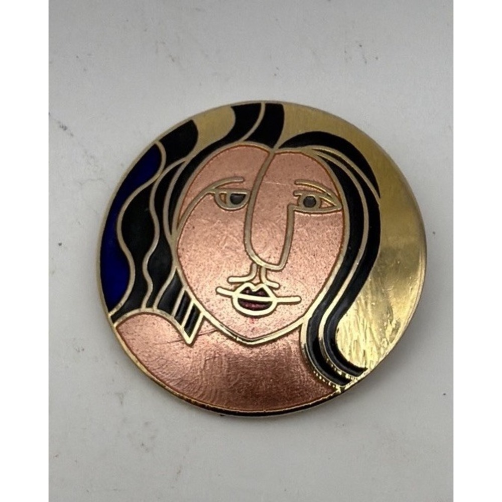 Vintage Cubist Face Brooch Enamel Picasso Style Modernist Abstract Portrait Pin